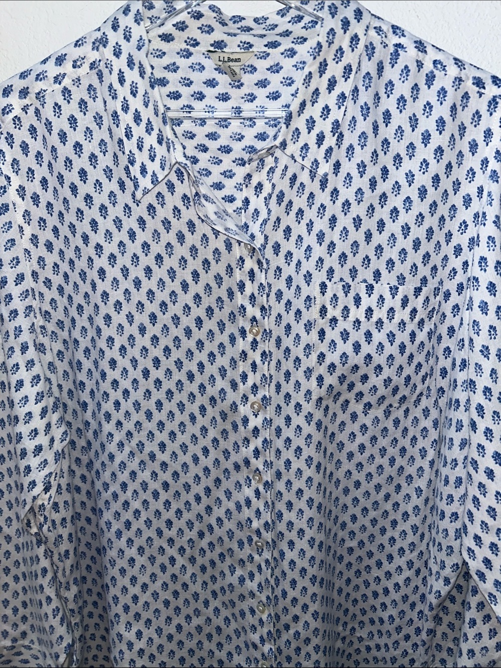 L.L. Bean EUC Linen Blue White Print Long-Sleeve Button-Down 2X